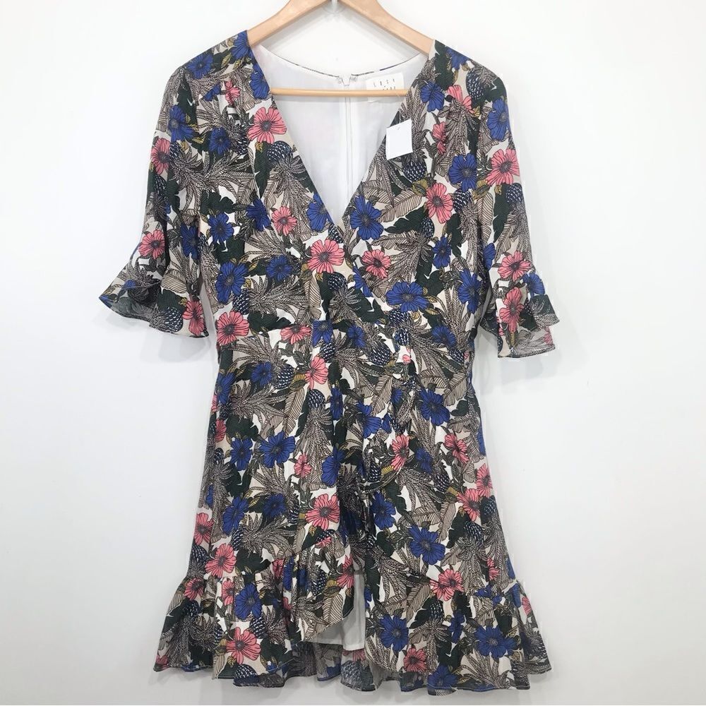 Anthropologie Lost + Wander Floral Ruffle Edge Wrap Style Mini Dress New No Belt